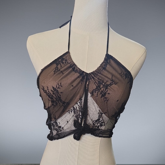 Elegant Black And Tan Lace Halter Bralette Size XS - Picture 2 of 4
